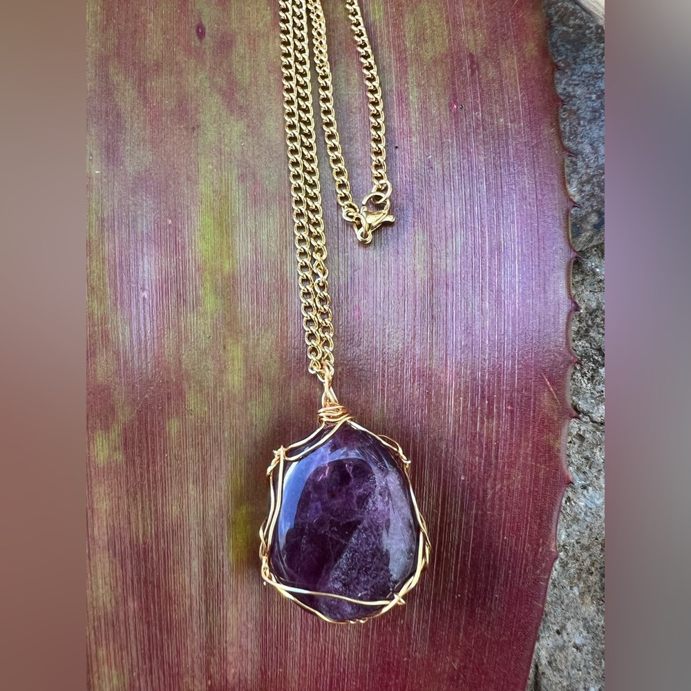 ✨ Deep Purple Fluorite Necklace • Gold Wrapped • 24" Chain ✨ - Picture 5 of 16